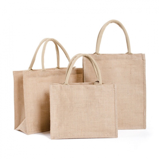 Immagine di Beige - Environmentally Friendly High Capacity Waterproof PVC Membrane Jute Tote Bag with Cotton Handle 26x27x10cm, 1 Piece