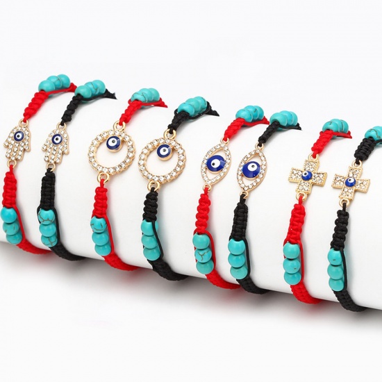 Picture of Nylon Braiding Braided Bracelets Accessories Findings Red Hamsa Symbol Hand Evil Eye Imitation Turquoise Clear Rhinestone 1 Piece
