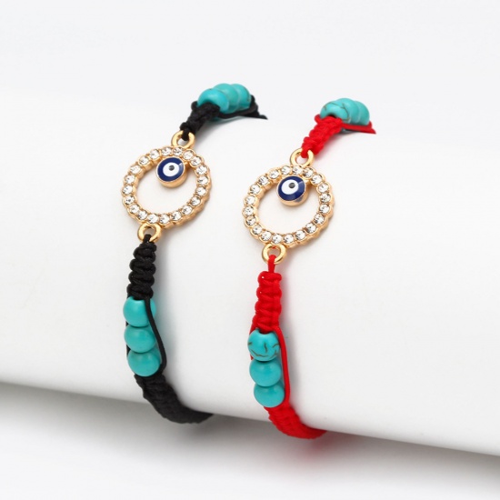 Picture of Nylon Braiding Braided Bracelets Accessories Findings Red Hamsa Symbol Hand Evil Eye Imitation Turquoise Clear Rhinestone 1 Piece