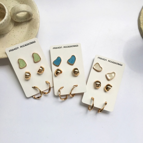 Picture of Ear Post Stud Earrings Set Gold Plated Green Irregular 20mm x 20mm - 12mm x 8mm, 1 Set ( 3 Pairs/Set)