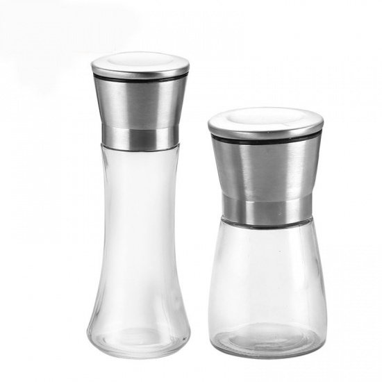 Picture of 304 Stainless Steel & Glass Clear Salt and Pepper Grinder Abrader Kitchen Cooking Spices Shaker
