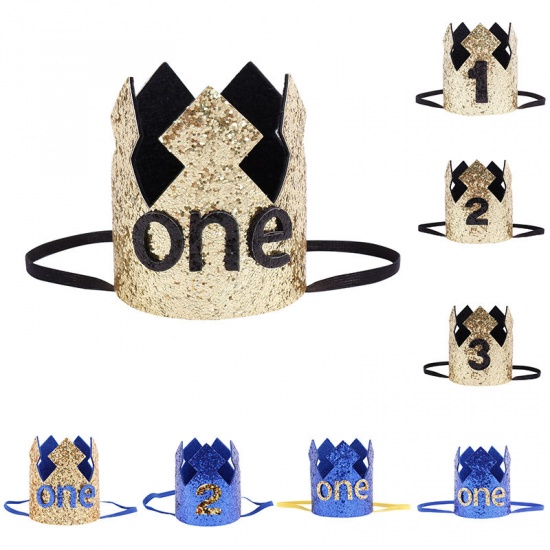 Image de Golden & Royal Blue - numéro 1 bébé anniversaire couronne chapeau paillettes paillettes fournitures de fête, 1 pièce