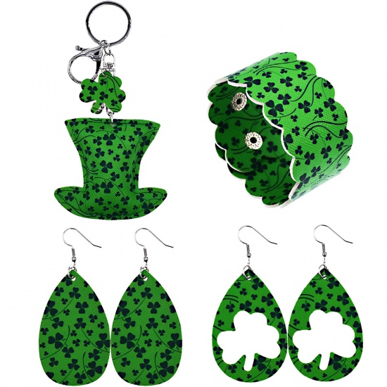 Picture of PU Leather St Patrick's Day Earrings Bracelet Keychain Set Multicolor Leaf Clover 21cm x 3.5cm - 7.8cm x 3.7cm, 1 Set ( 4 PCs/Set)