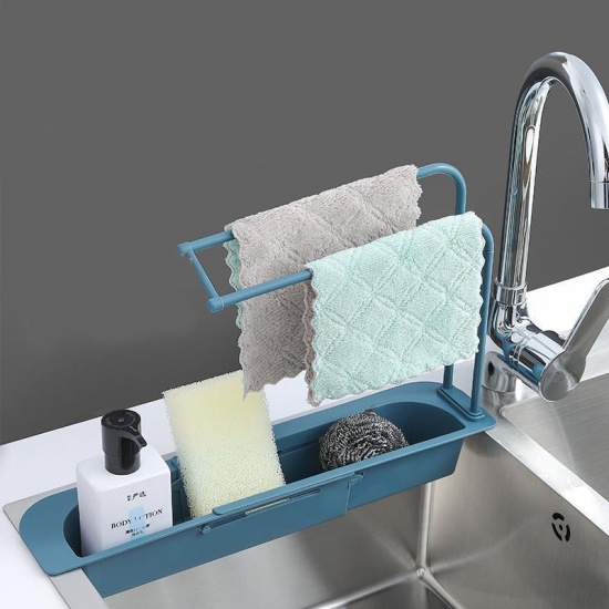 Picture of Blue - Adjustable Telescopic Sink Kitchen Drainer Rack Storage Basket Faucet Holder 36x9x5cm, 1 Piece