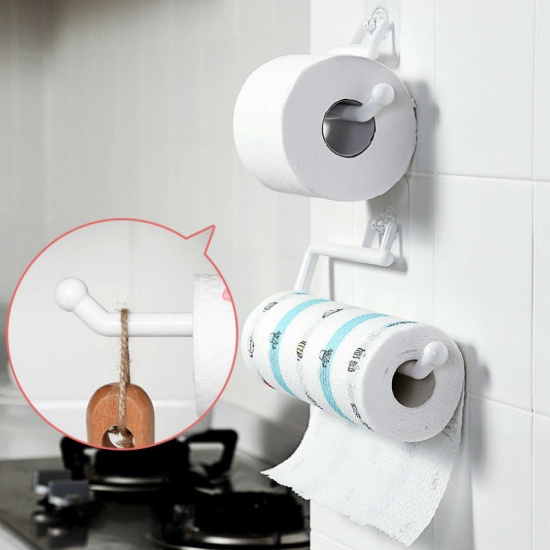 Immagine di White - Kitchen Paper Roll Holder Towel Hanger Rack Toilet Paper Holders Bathroom Organizer Shelf 14x6cm, 1 Piece