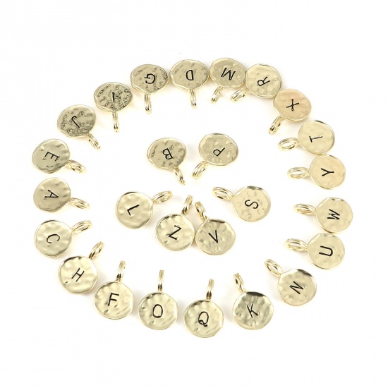 Picture of Zinc Based Alloy Charms Round Gold Plated Initial Alphabet/ Capital Letter Enamel 17mm x 11mm, 1 Set