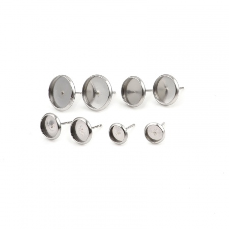 Edelstahl Ohrring Ohrstecker Rund Silberfarbe Cabochon Fassung (für 6mm) 8mm D., Drahtstärke: (21 gauge), 20 Stück
