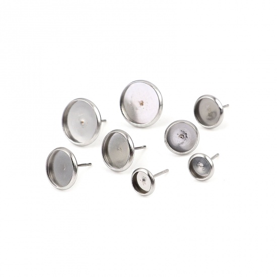 Picture of Stainless Steel Ear Post Stud Earrings Round Silver Tone Cabochon Settings (Fits 6mm Dia.) 8mm Dia., Post/ Wire Size: (21 gauge), 20 PCs