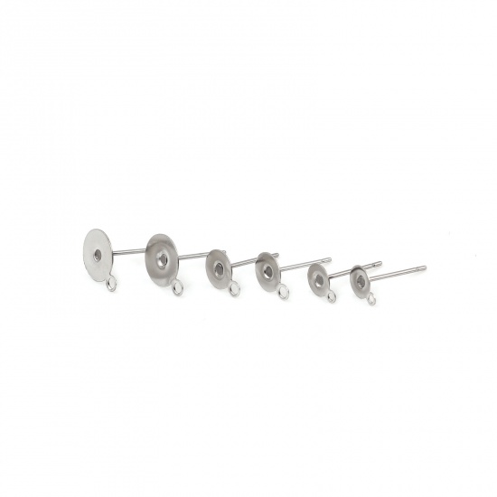 Picture of Stainless Steel Ear Post Stud Earrings Round Silver Tone Glue On (Fits 5mm Dia.) 7mm x 5mm, Post/ Wire Size: (21 gauge), 30 PCs
