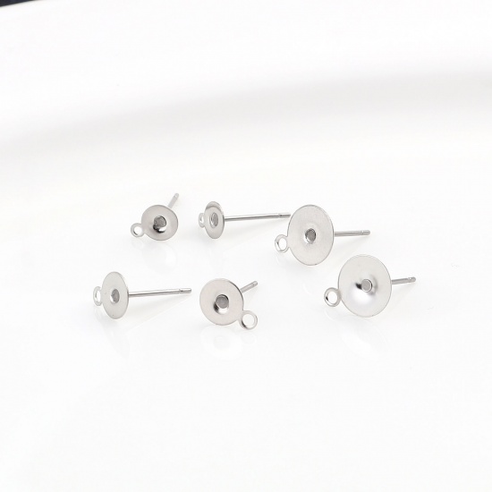 Picture of Stainless Steel Ear Post Stud Earrings Round Silver Tone Glue On (Fits 5mm Dia.) 7mm x 5mm, Post/ Wire Size: (21 gauge), 30 PCs