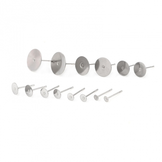 Picture of Stainless Steel Ear Post Stud Earrings Round Silver Tone Glue On (Fits 4mm Dia.) 12mm x 4mm, Post/ Wire Size: (21 gauge), 50 PCs
