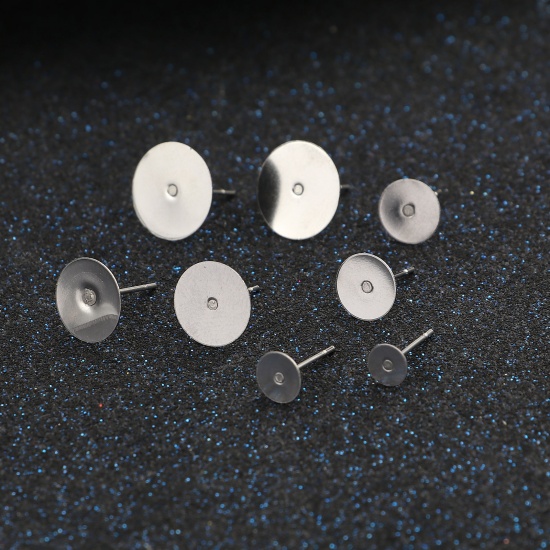 Picture of Stainless Steel Ear Post Stud Earrings Round Silver Tone Glue On (Fits 4mm Dia.) 12mm x 4mm, Post/ Wire Size: (21 gauge), 50 PCs