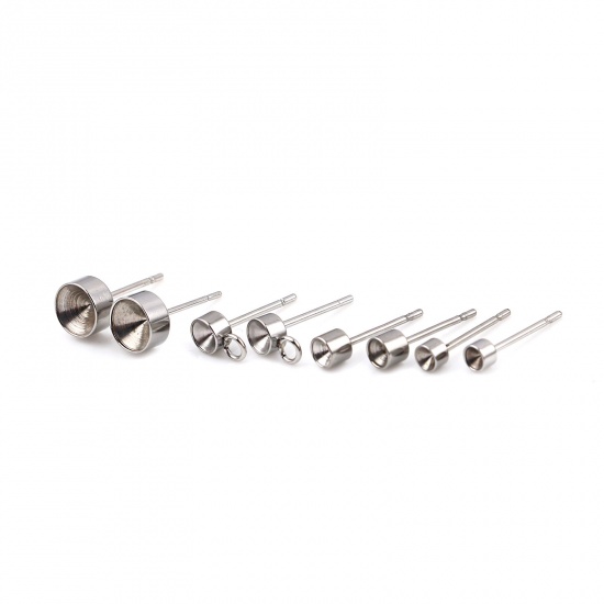Picture of Stainless Steel Ear Post Stud Earrings Round Silver Tone (Can Hold ss9 Pointed Back Rhinestone) 3mm Dia., Post/ Wire Size: (21 gauge), 10 PCs