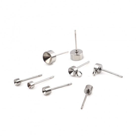 Picture of Stainless Steel Ear Post Stud Earrings Round Silver Tone (Can Hold ss9 Pointed Back Rhinestone) 3mm Dia., Post/ Wire Size: (21 gauge), 10 PCs