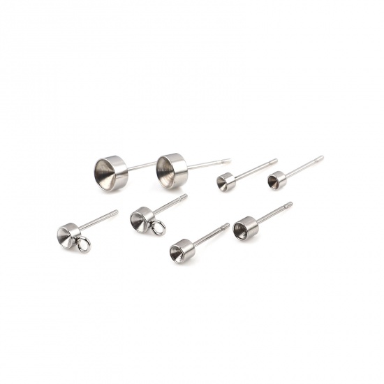 Picture of Stainless Steel Ear Post Stud Earrings Round Silver Tone (Can Hold ss9 Pointed Back Rhinestone) 3mm Dia., Post/ Wire Size: (21 gauge), 10 PCs