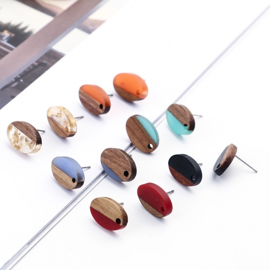 Picture of Resin & Wood Wood Effect Resin Ear Post Stud Earrings Findings Oval Natural W/ Loop 15mm x 10mm, Post/ Wire Size: (21 gauge), 6 PCs