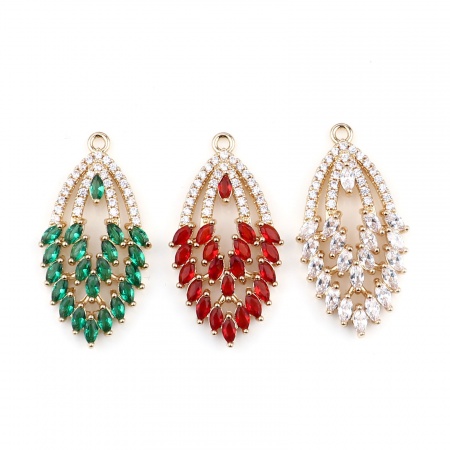 Brass & Glass Pendants Gold Plated Marquise Clear Rhinestone 3.3cm x 1.7cm, 2 PCs