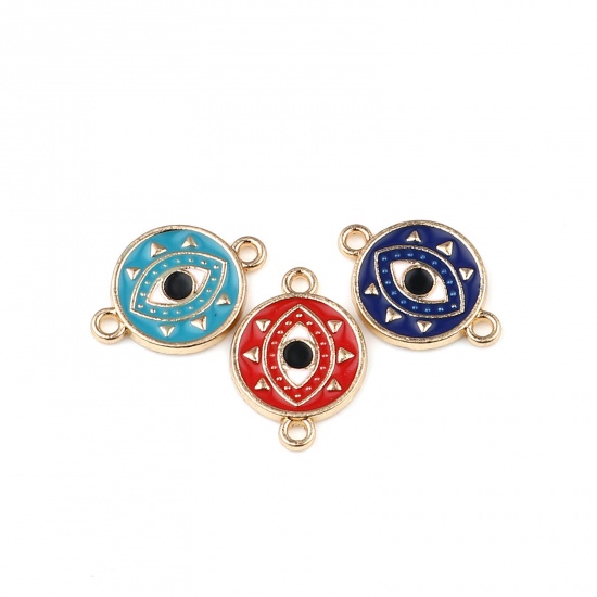 Picture of Zinc Based Alloy Connectors Round Gold Plated Evil Eye Enamel 19mm x 13mm, 10 PCs