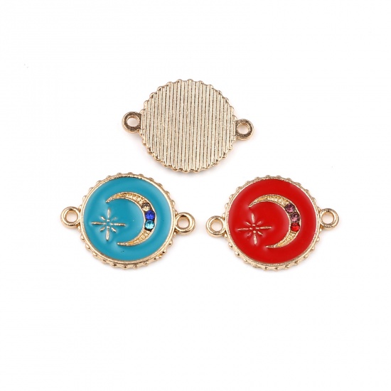 Picture of Zinc Based Alloy Galaxy Connectors Round Gold Plated Green Blue Star Enamel Multicolor Rhinestone 22mm x 16mm, 10 PCs