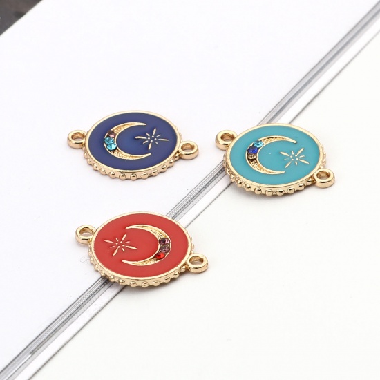 Picture of Zinc Based Alloy Galaxy Connectors Round Gold Plated Green Blue Star Enamel Multicolor Rhinestone 22mm x 16mm, 10 PCs