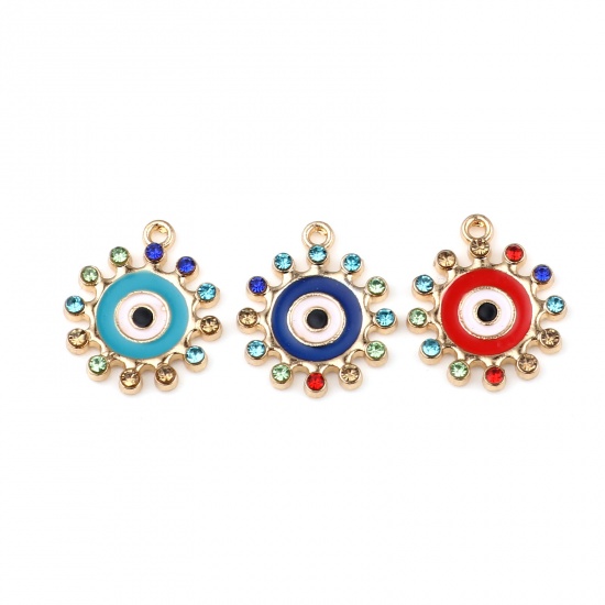 Picture of Zinc Based Alloy Religious Charms Sun Gold Plated Green Blue Evil Eye Enamel Multicolor Rhinestone 19mm x 17mm, 10 PCs