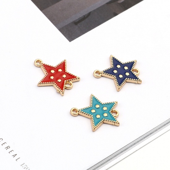 Picture of Zinc Based Alloy Galaxy Connectors Star Gold Plated Green Blue Enamel 19mm x 17mm, 10 PCs