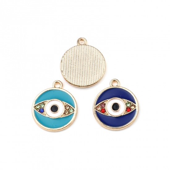 Picture of Zinc Based Alloy Religious Charms Round Gold Plated Green Blue Evil Eye Enamel 19mm x 16mm, 10 PCs