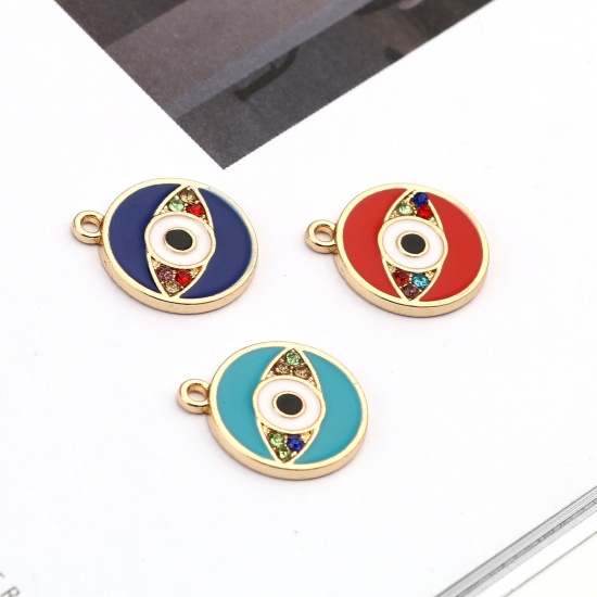 Picture of Zinc Based Alloy Religious Charms Round Gold Plated Green Blue Evil Eye Enamel 19mm x 16mm, 10 PCs