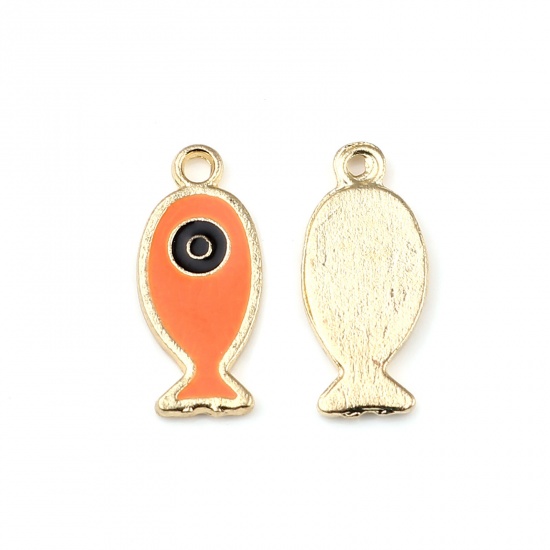 Picture of Zinc Based Alloy Ocean Jewelry Charms Fish Animal Gold Plated Black & Orange Evil Eye Enamel 25mm x 11mm, 10 PCs