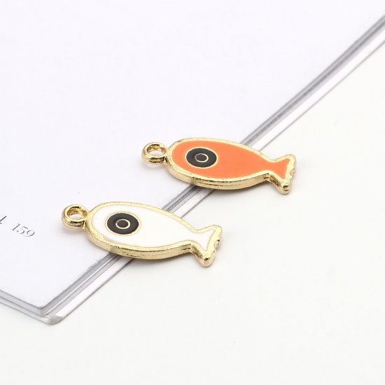 Picture of Zinc Based Alloy Ocean Jewelry Charms Fish Animal Gold Plated Black & Orange Evil Eye Enamel 25mm x 11mm, 10 PCs