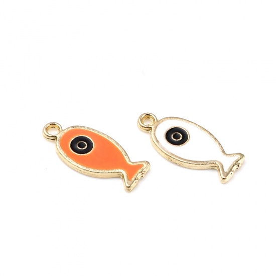Picture of Zinc Based Alloy Ocean Jewelry Charms Fish Animal Gold Plated Black & Orange Evil Eye Enamel 25mm x 11mm, 10 PCs