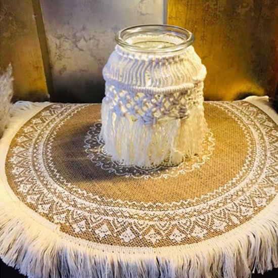 Picture of White - Tassel Cotton & Linen Anti-slip Insulation Round Placemat Table Mat Decoration 40cm Dia., 1 Piece