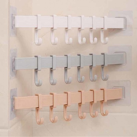 Khaki - Plastic 6 Hooks Wall-mounted Self Adhesive Hanger Hooks Heavy-duty Organizer For Coat Towel Bag 37x7cm, 1 Piece