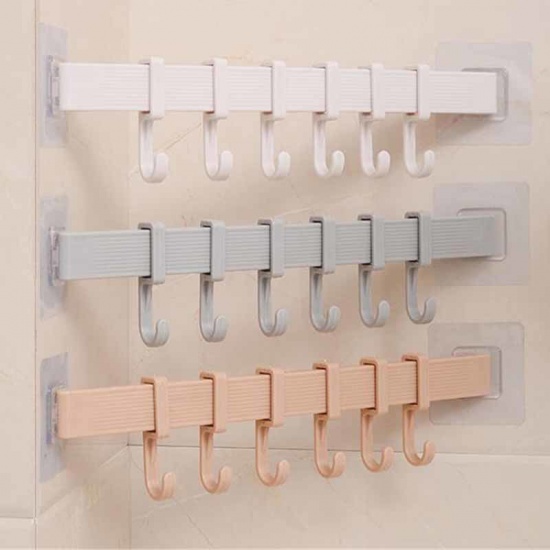 Immagine di Khaki - Plastic 6 Hooks Wall-mounted Self Adhesive Hanger Hooks Heavy-duty Organizer For Coat Towel Bag 37x7cm, 1 Piece