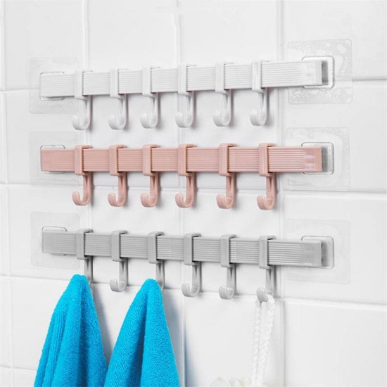 Immagine di Khaki - Plastic 6 Hooks Wall-mounted Self Adhesive Hanger Hooks Heavy-duty Organizer For Coat Towel Bag 37x7cm, 1 Piece