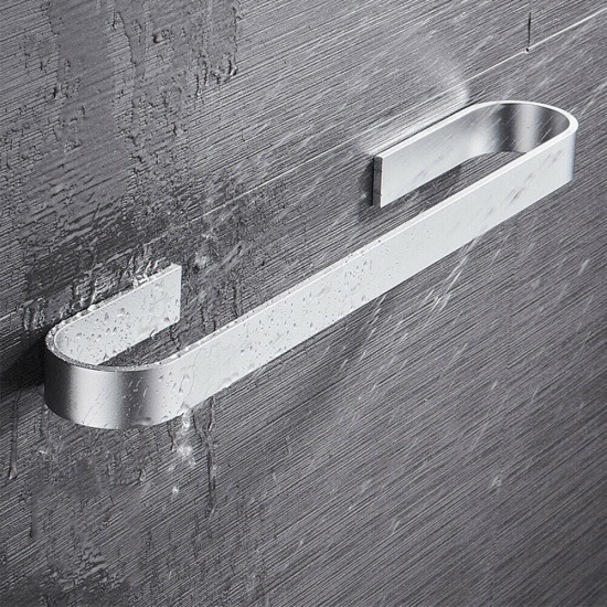 Immagine di Silver Tone - Space Aluminum Wall-mounted Self Adhesive Towel Bar Rack Bathroom Accessories 45x6.7x3.1cm, 1 Piece