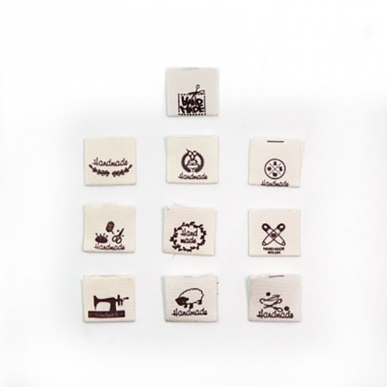 Picture of Fabric Label Tags Rectangle Beige ScissorsPattern " Handmade " 40mm x 20mm , 100 PCs