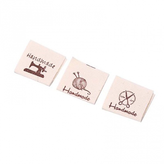 Picture of Fabric Label Tags Rectangle Beige Pom Pom BallPattern " Handmade " 40mm x 20mm , 100 PCs