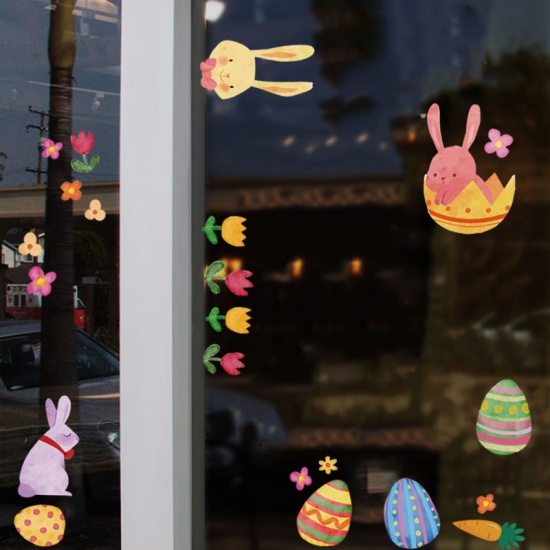 Immagine di Multicolor - 9pcs Easter Egg Rabbit Chick PVC Wall Stickers Glass Window Static Cling Home Decoration 19x22cm, 1 Set