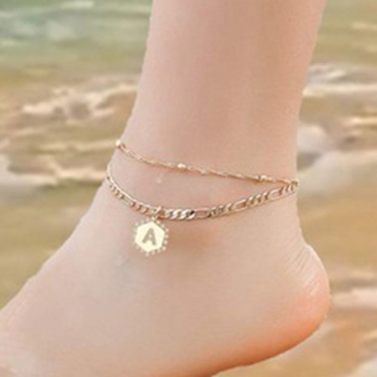 Picture of Copper Anklet 14K Real Gold Plated Hexagon Initial Alphabet/ Capital Letter Clear Rhinestone 21.5cm(8 4/8") long, 1 Set ( 2 PCs/Set)
