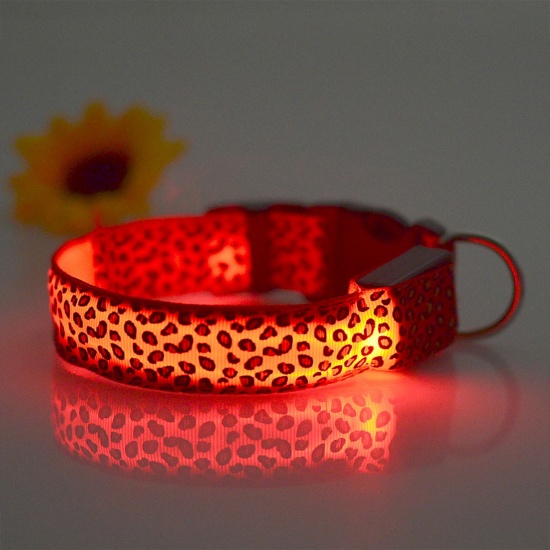 Immagine di Pink - Nylon Leopard Print Luminous Adjustable LED Glowing Dog Collar For Dogs Pet Night Safety 60cm long, 1 Piece