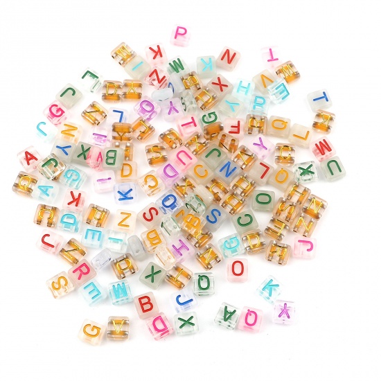 Picture of Acrylic Beads Two Holes Square Golden Initial Alphabet/ Capital Letter Pattern About 8mm x 8mm, Hole: Approx 1.6mm, 300 PCs
