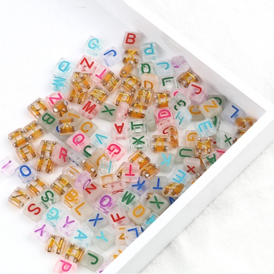 Picture of Acrylic Beads Two Holes Square Golden Initial Alphabet/ Capital Letter Pattern About 8mm x 8mm, Hole: Approx 1.6mm, 300 PCs