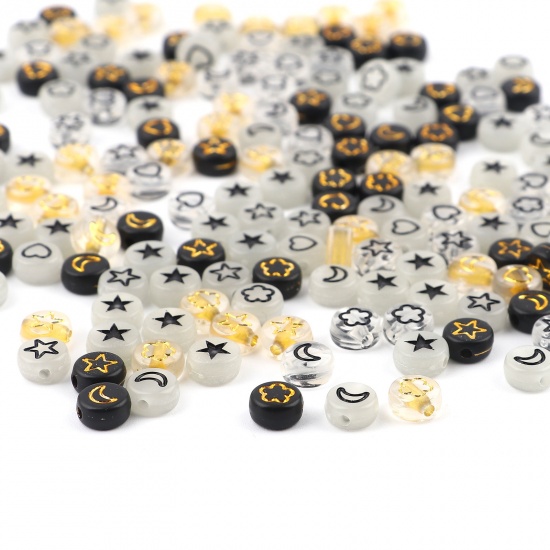 Picture of Acrylic Beads Flat Round Black Star Pattern Glow In The Dark Luminous About 7mm Dia., Hole: Approx 1.6mm, 500 PCs