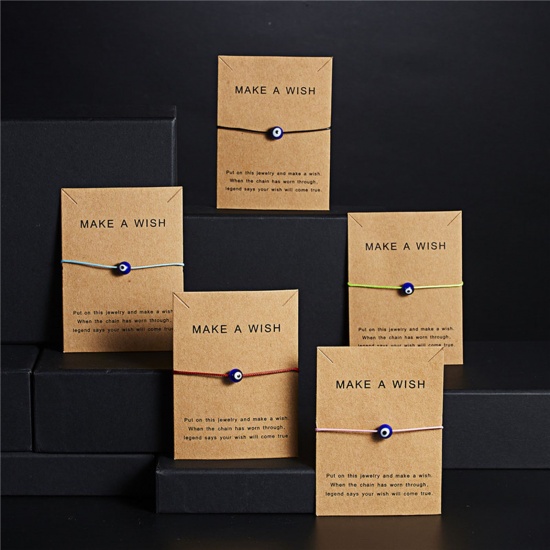 Image de Bracelets Tressés Accessoires Série de Carton en Polyester Vert Clair Rond Œil Mauvais Réglable 18cm long, 1 Pièce