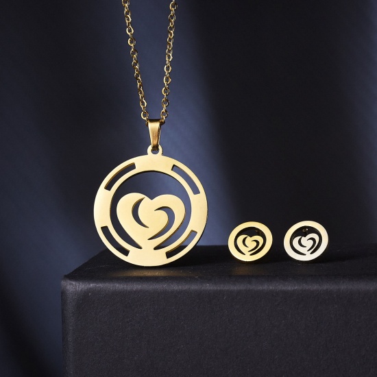 Picture of Stainless Steel Mother's Day Jewelry Necklace Stud Earring Set Gold Plated Heart Message " LOVE " 44cm(17 3/8") long, 1.5cm x 0.7cm, 1 Set ( 2 PCs/Set)