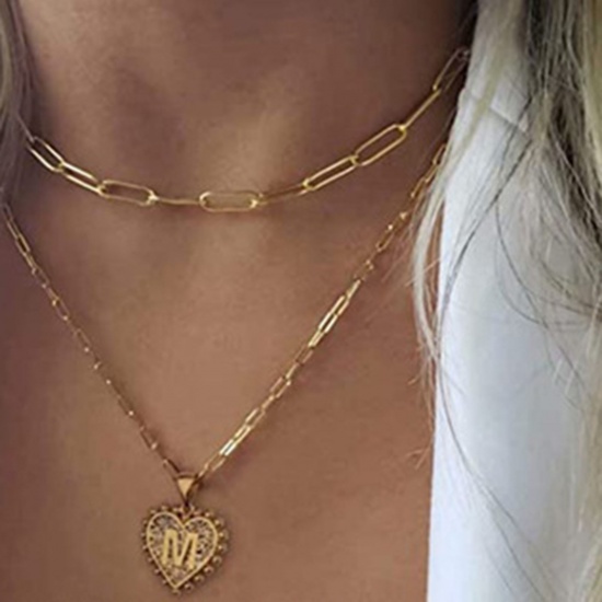 Picture of Necklace Gold Plated Heart Initial Alphabet/ Capital Letter Message " Z " Multilayer 40cm(15 6/8") long, 1 Piece