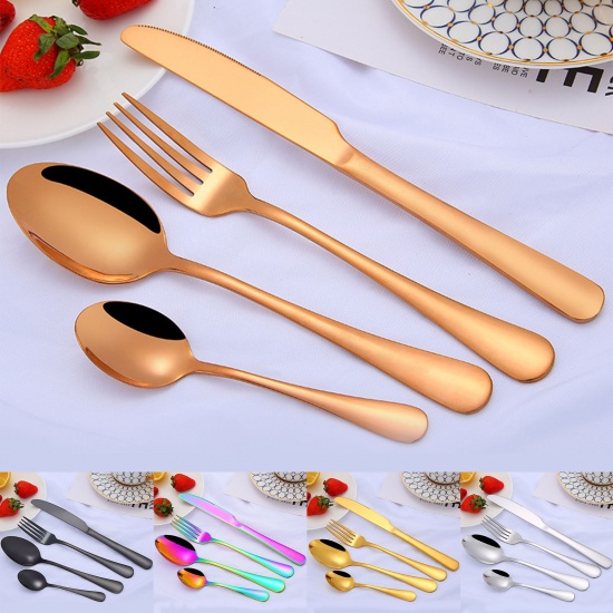 Immagine di Silver Tone - 410 Stainless Steel Knife Fork Spoon Tableware Gift 4PCs Set 23cm long - 13.7cm long, 1 Set