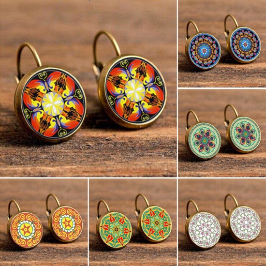 Picture of Brass & Glass Buddhism Mandala Hoop Earrings Multicolor Round Flower 18mm Dia., 1 Pair                                                                                                                                                                        