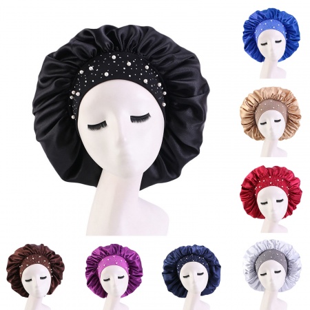 Pink - Satin Rhinestone Elastic Night Sleep Cap Hair Care Beauty Bonnet Hat M（56-58cm）, 1 Piece